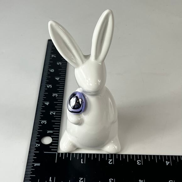 White Bunny Rabbit Figurine Ceramic Glazed Minimalist 4.5" Easter Decor Purple - Picture 7 of 9